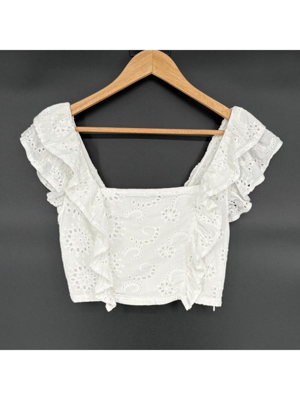 DO+BE Womens Eyelet Crop Top S White Ruffle Sleeve Square Neck Smocked Coquette